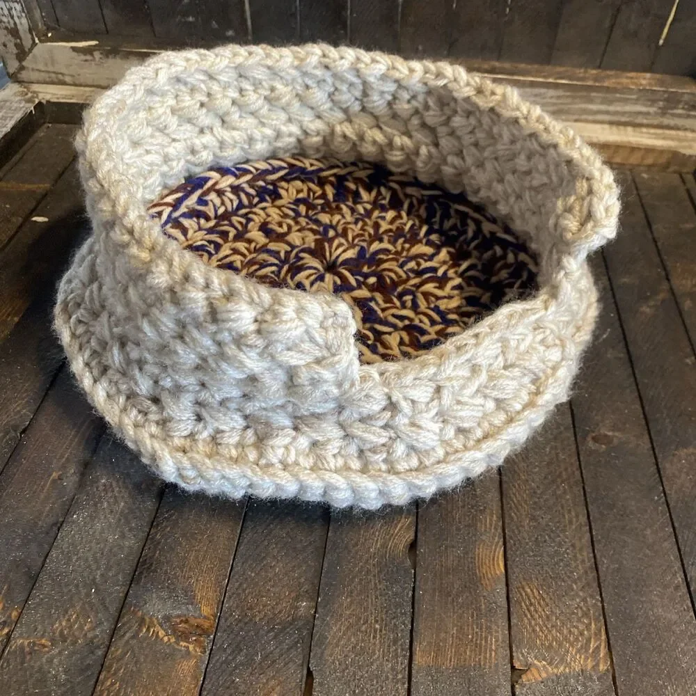 Small Handmade Crochet Round Cat Dog Bed Warm Snuggle Padded Beige